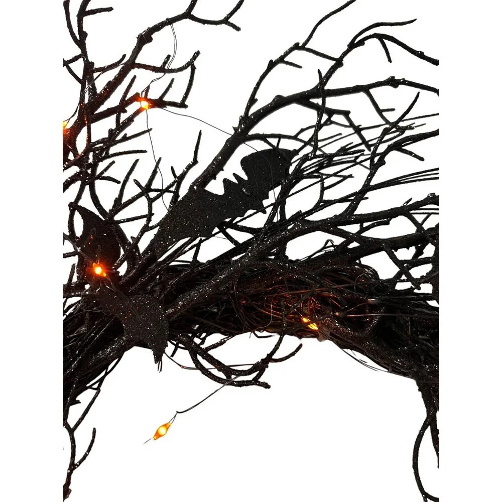 Halloween Black Grapevine Wreath Bats Orange Lights 18